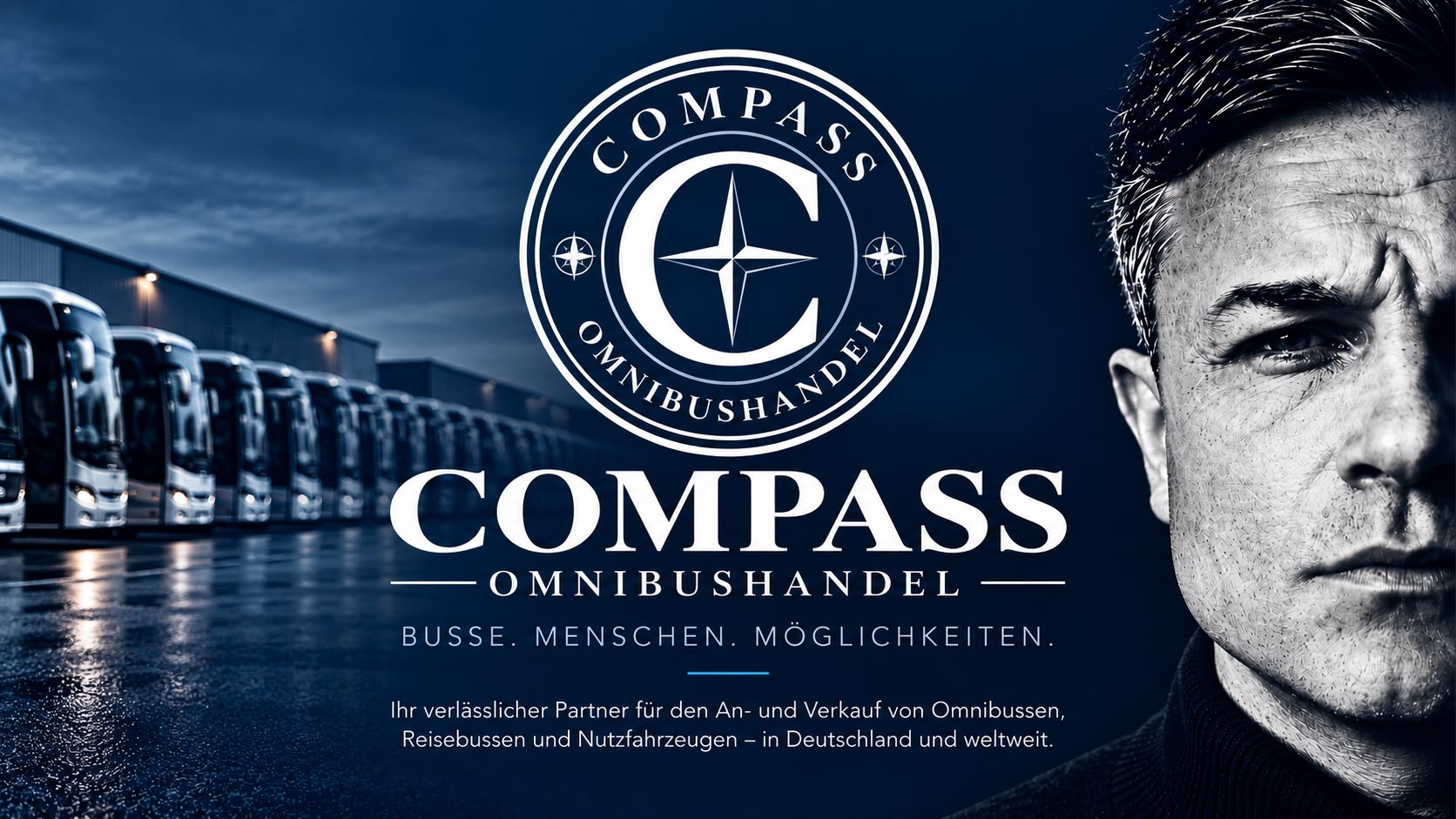 Obaidullah Karimi, Inhaber von Compass Omnibushandel in Hamburg, neben dem Compass-Logo und einer Reihe Reisebusse – Busse. Menschen. Möglichkeiten.