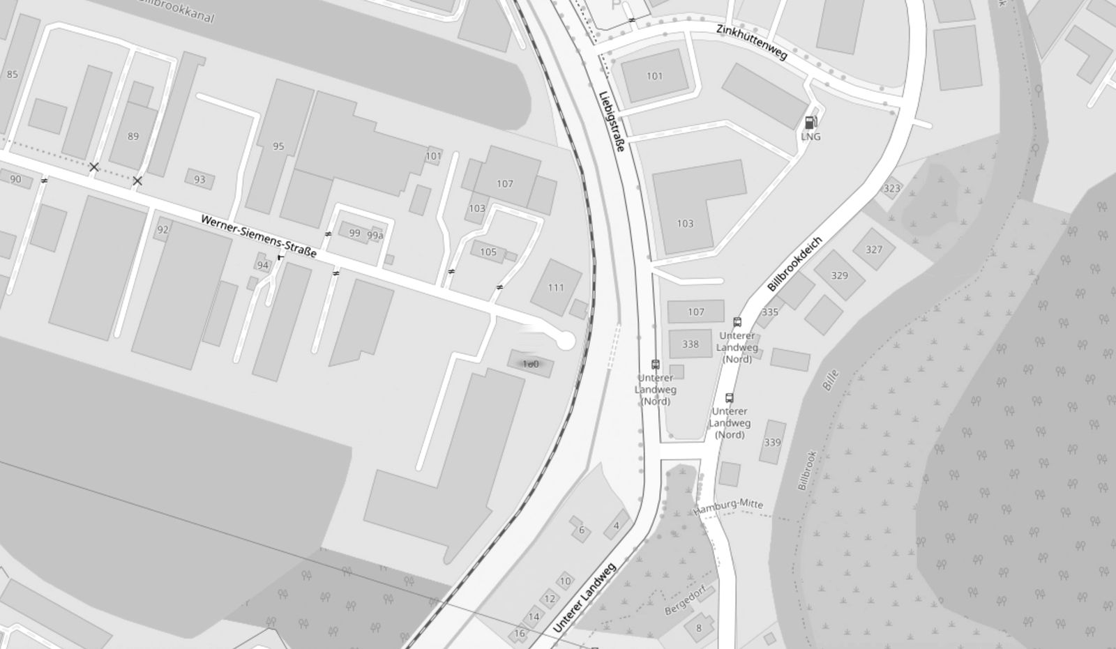 Kartenausschnitt Hamburg-Billbrook mit dem Standort von Compass Omnibushandel in der Werner-Siemens-Straße 100